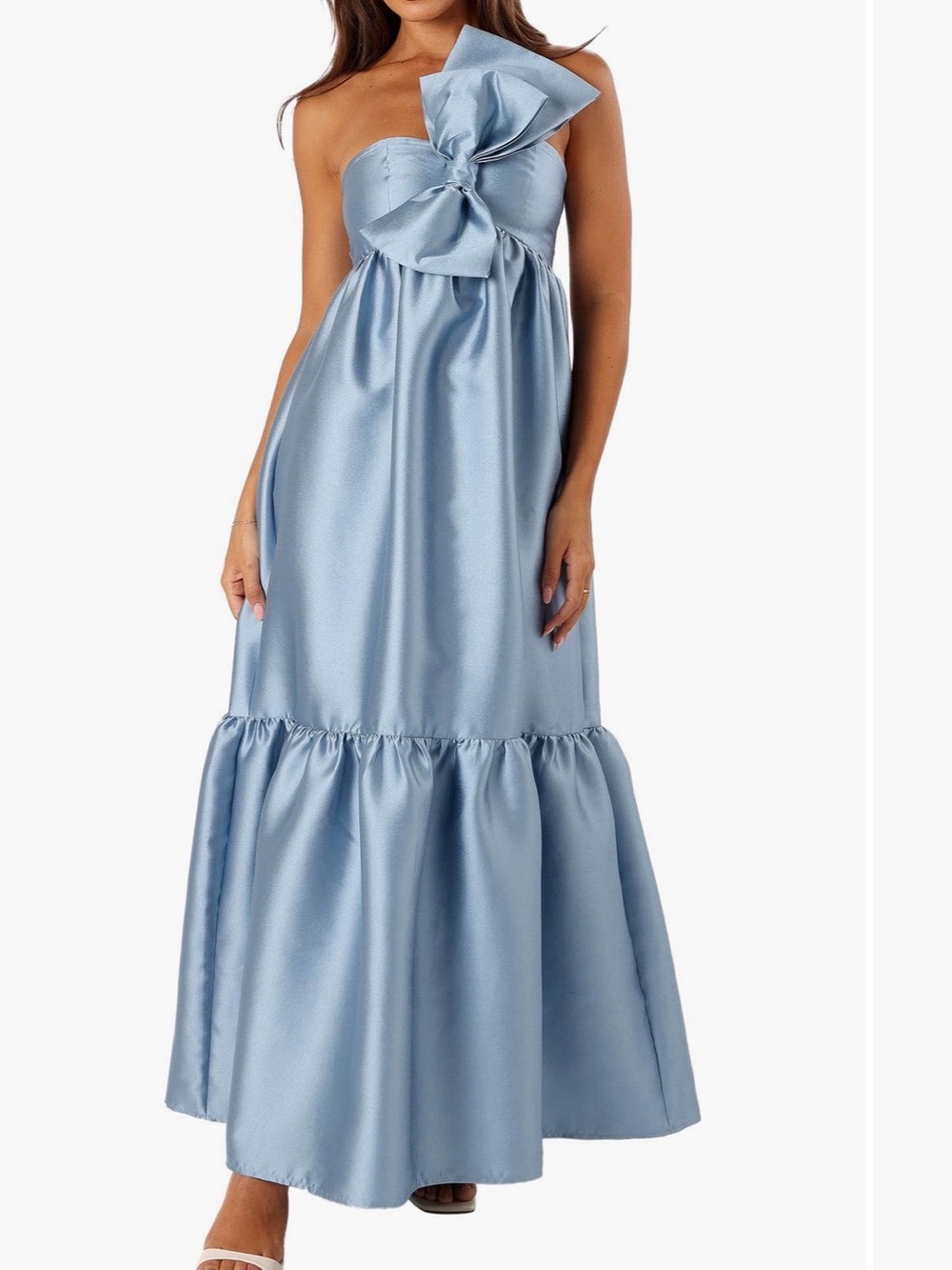 Petal & Pup One-Shoulder Satin Maxi Dress in Sky Blue with Bow